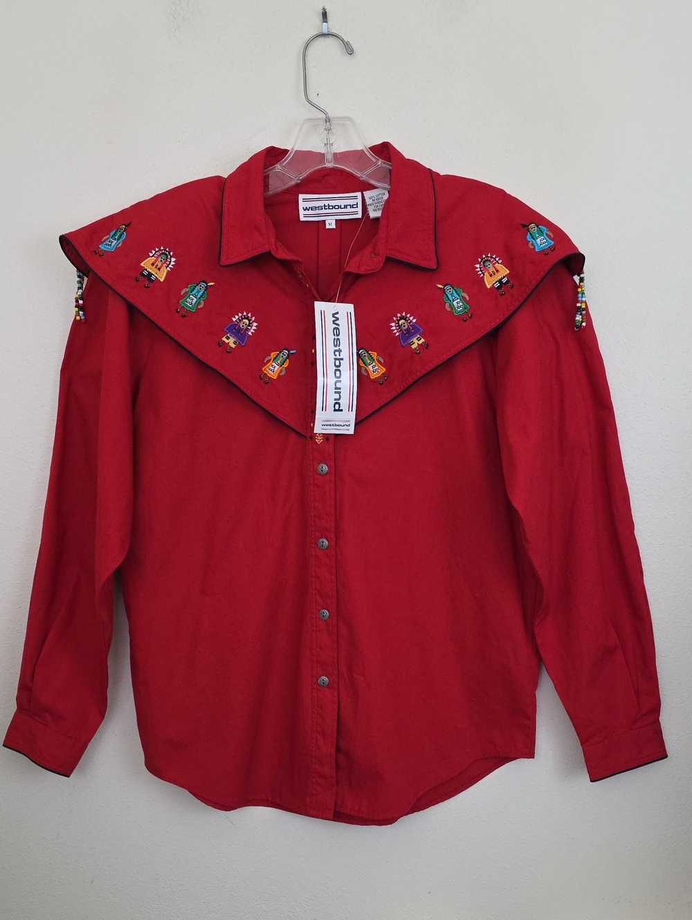 NWT Westbound Red Native American Embroidered Beaded Long Sleeve Shirt Womens M